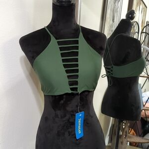 Army Green Caged Front Bikini Top w/ Lace Up Back Closure